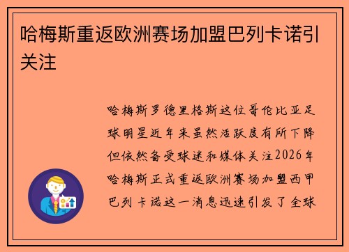 哈梅斯重返欧洲赛场加盟巴列卡诺引关注