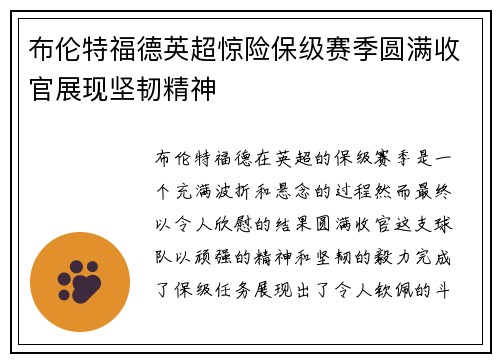 布伦特福德英超惊险保级赛季圆满收官展现坚韧精神 布伦特福德英超惊险保级赛季圆满收官展现坚韧精神